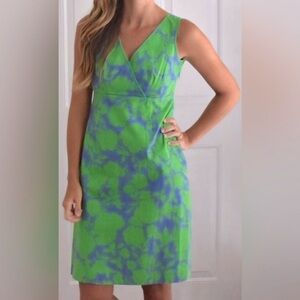 Boden Sleeveless Kelly Green Floral Blue Sky Textured Cotton Surplice Day Dress
